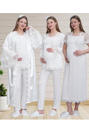 Mecit 6302 Ekru Dantelli Sabahlık Gecelik Pijama Lohusa Set